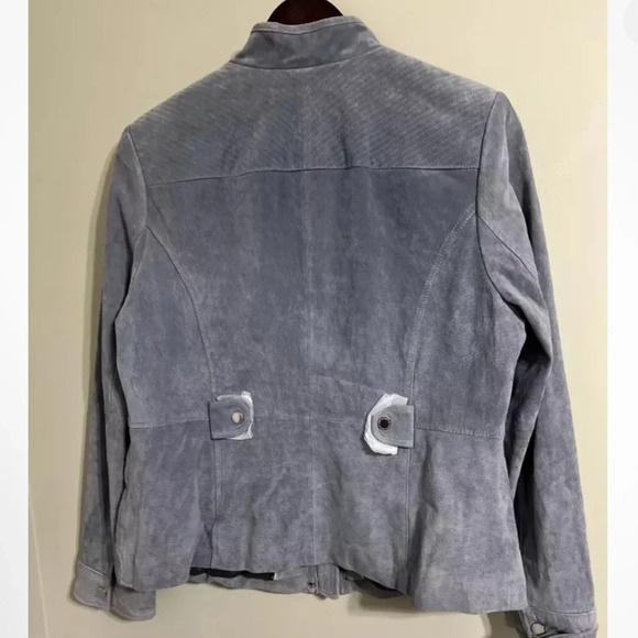 Isaac Mizrahi NWOT 100% suede blue/gray silver hardware flight jacket 21” p2p - Picture 2 of 15